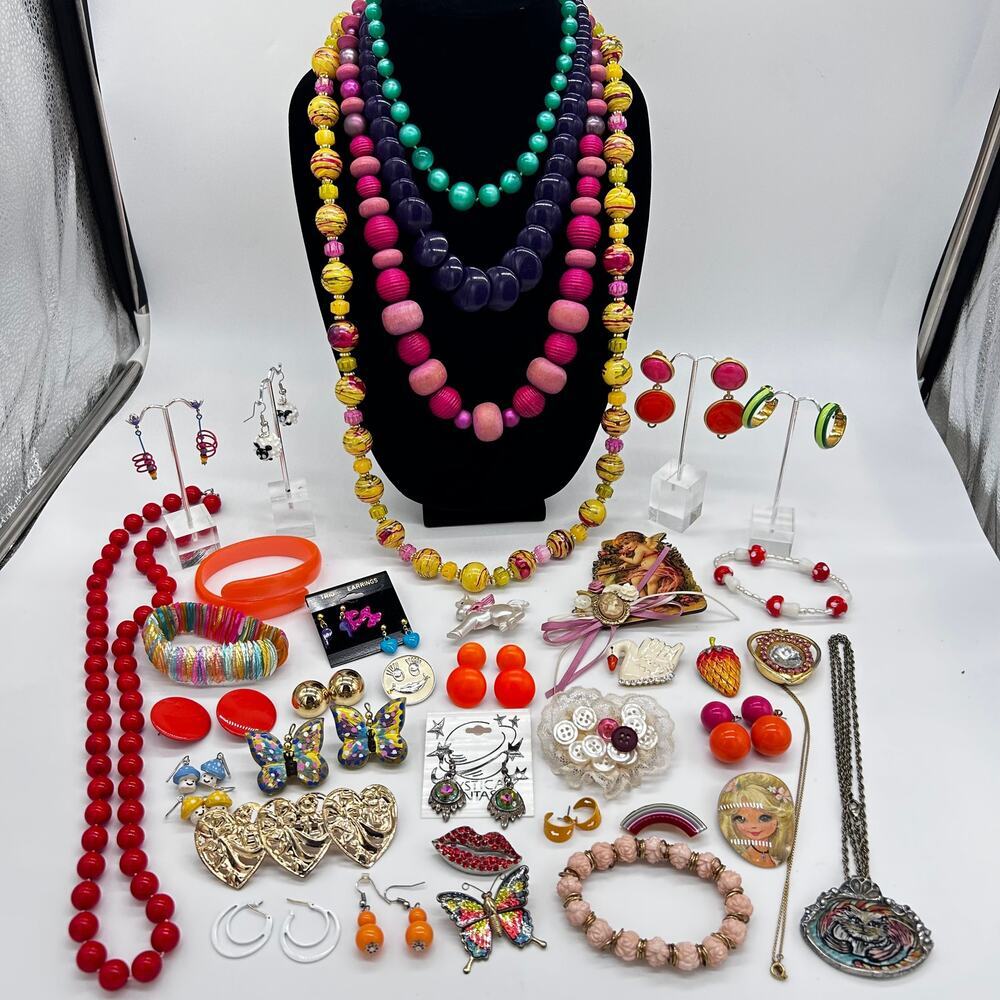 Vintage Estate Jewelry Lot 35+ Pieces Kitsch Eclectic Colorful Fun Kitschy